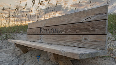 Bench with Welcome message on it at Wrightsville Beach