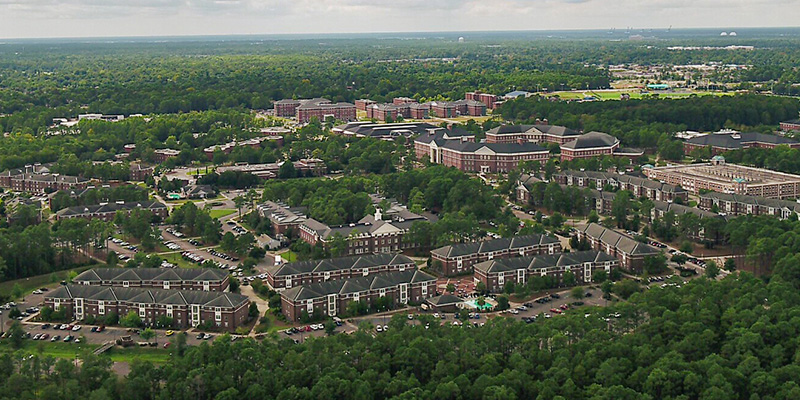 Aerial of UNCW's campus with ocean
